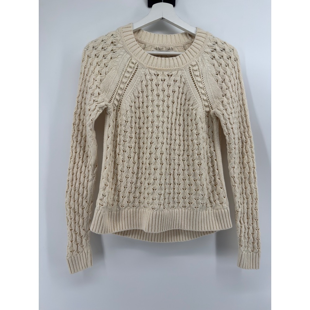 Loft Womens XS Cream Ivory Pointelle Cable Knit Raglan Crew Neck Sweater